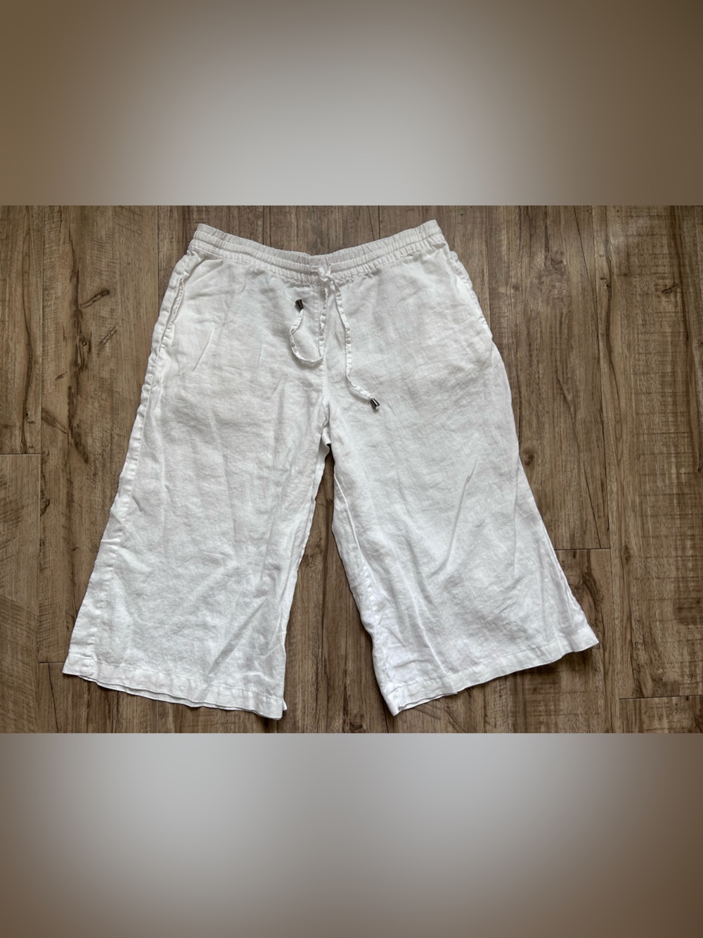 100% Linen white Wide-Leg crops capris summer beach vacation Drawstring pull on